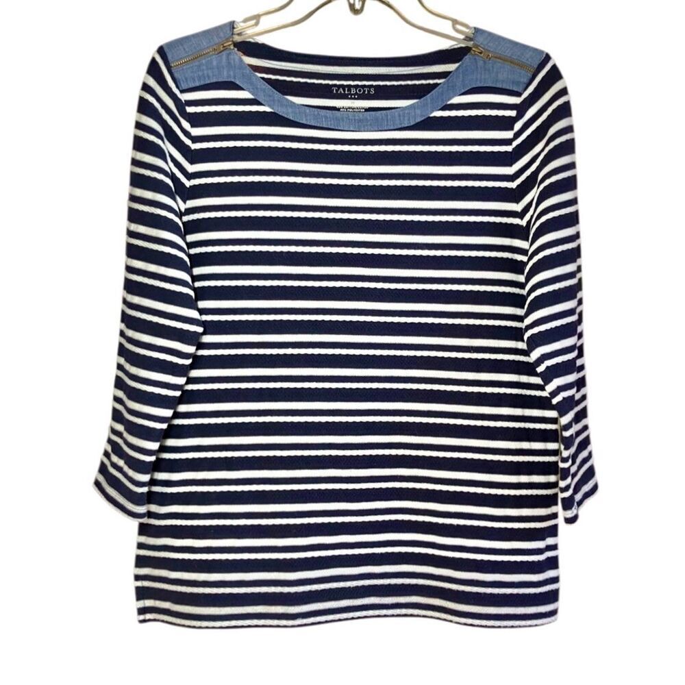 Talbots Striped 3/4 Sleeve Top with Zipper Detail in Navy Blue/White Womens M